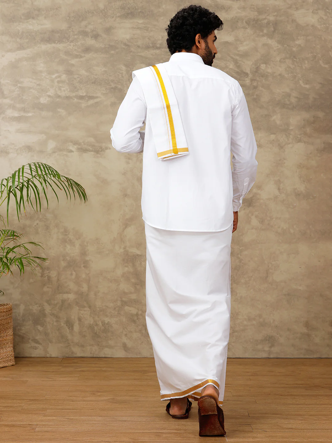 Men Cotton Blend Single Layer White Dhoti & Towel Set with 3/4 "Gold Jari Border - Image 6