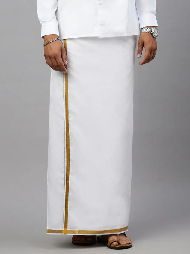Men Cotton Blend Single Layer White Dhoti with Jari Border Gold River - Image 5