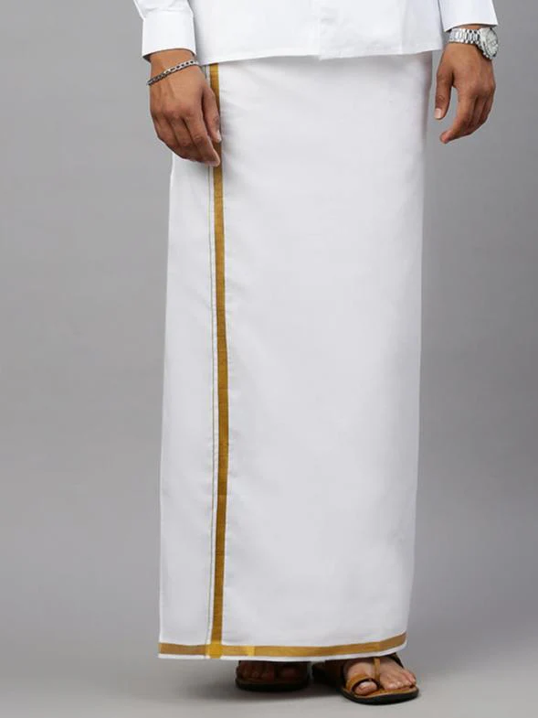 Men Cotton Blend Single Layer White Dhoti with Jari Border Gold Tree