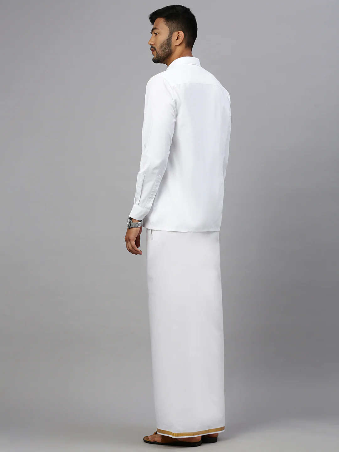 Men Cotton Blend Single Layer White Dhoti with Jari Border Gold Tree - Image 4