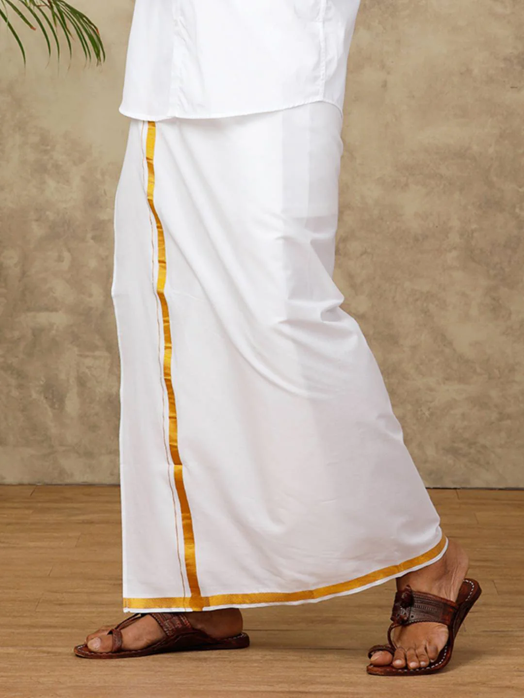 Men Cotton Blend Single Layer White Dhoti with 1" inch Gold Jari Border Jupiter - Image 2