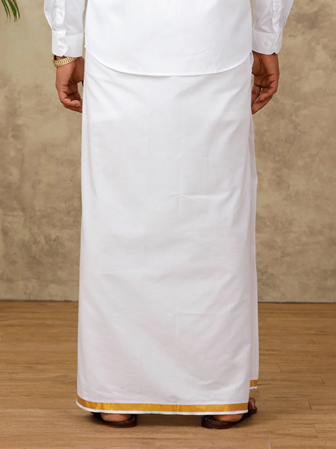 Men Cotton Blend Single Layer White Dhoti with 1" inch Gold Jari Border Jupiter - Image 4