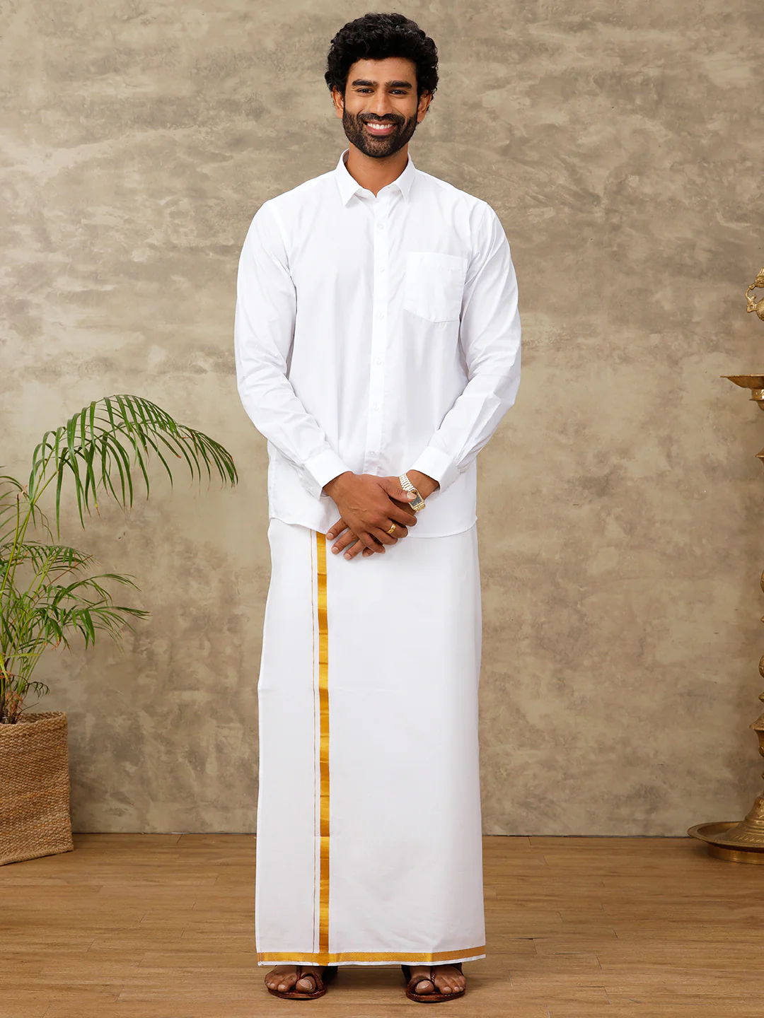 Men Cotton Blend Single Layer White Dhoti with 1" inch Gold Jari Border Jupiter - Image 5