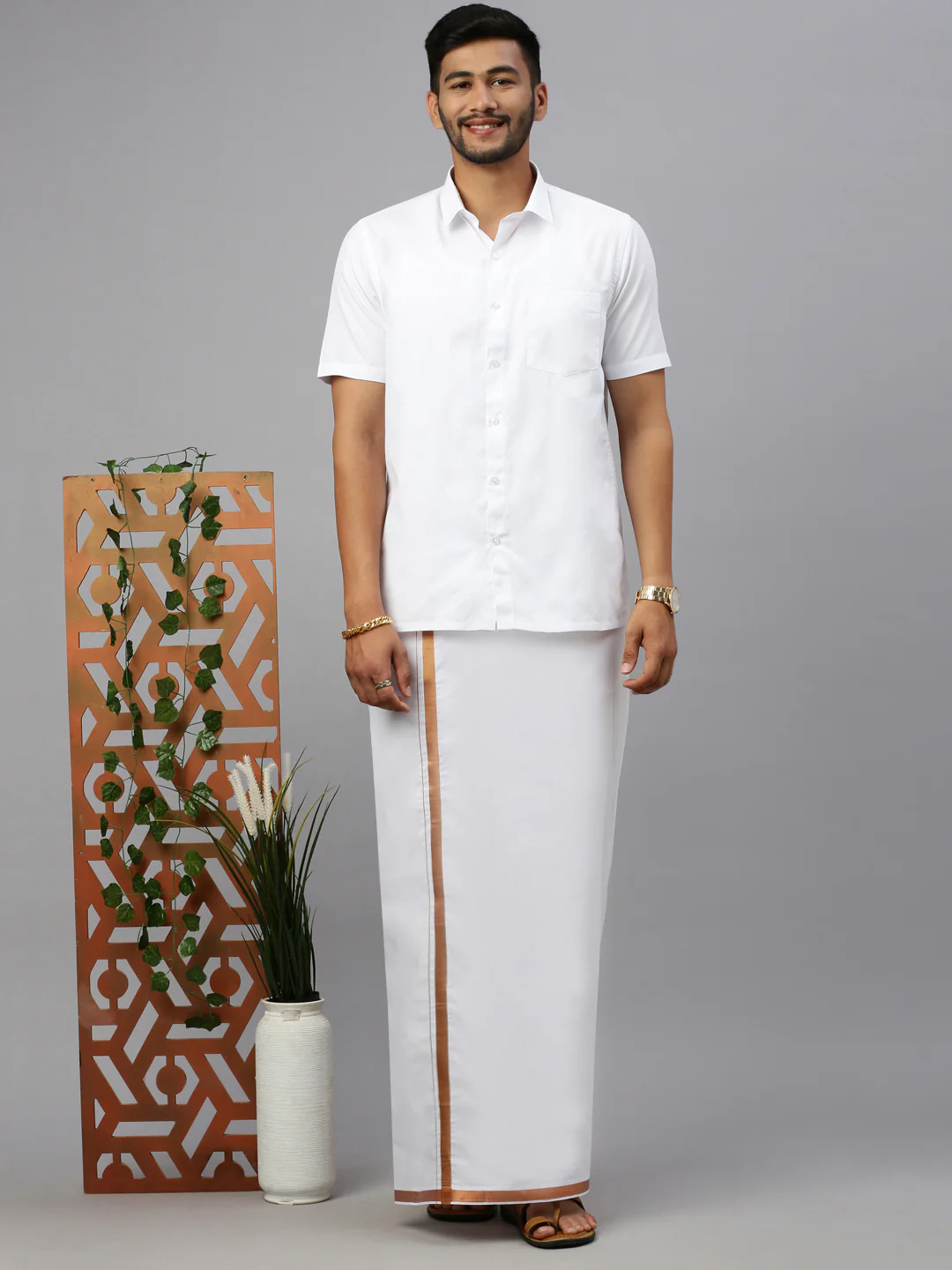 Men Cotton Blend Single Layer White Dhoti with 3/4" Copper Jari Border - Image 2