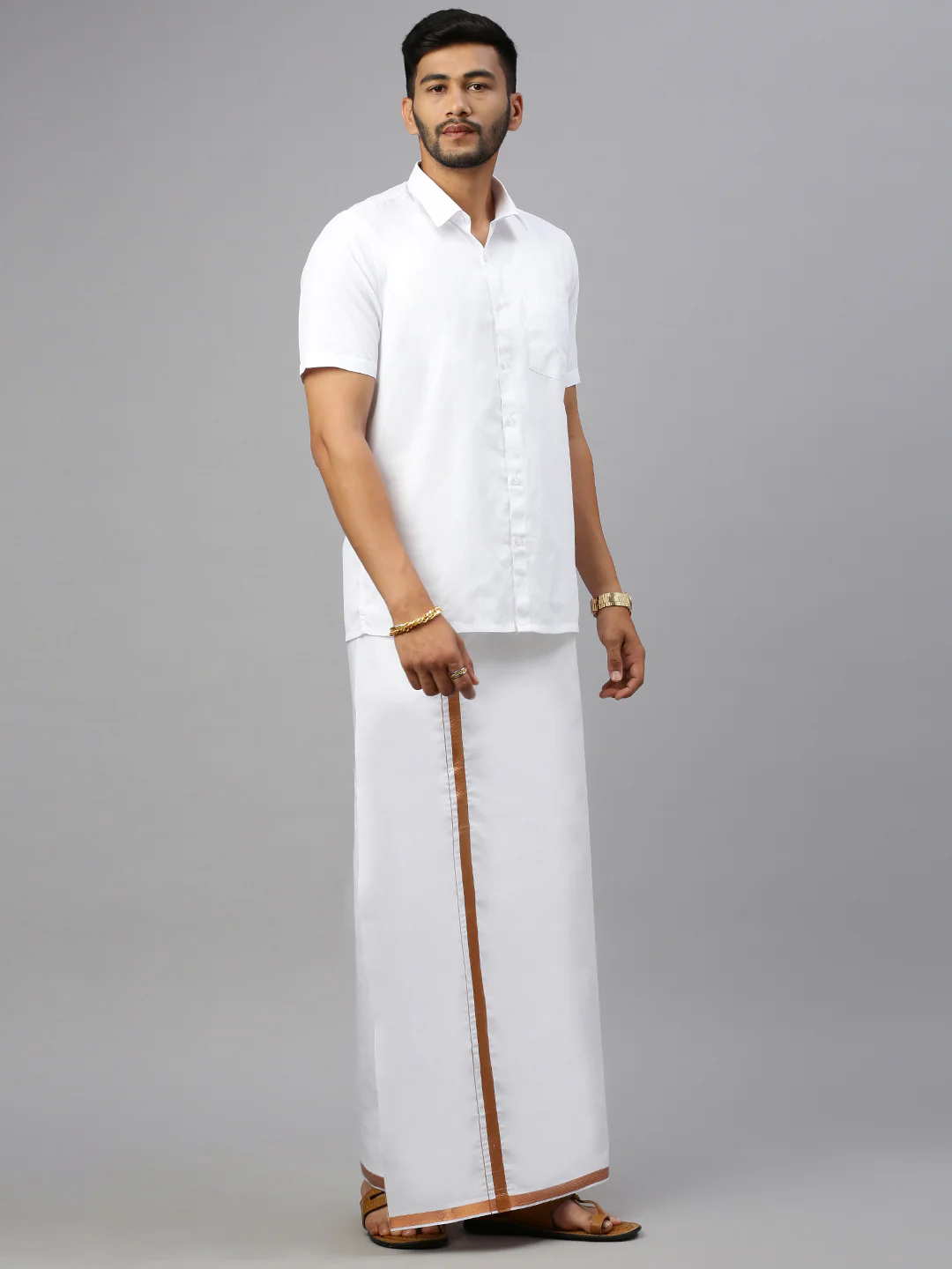 Men Cotton Blend Single Layer White Dhoti with 3/4" Copper Jari Border - Image 3