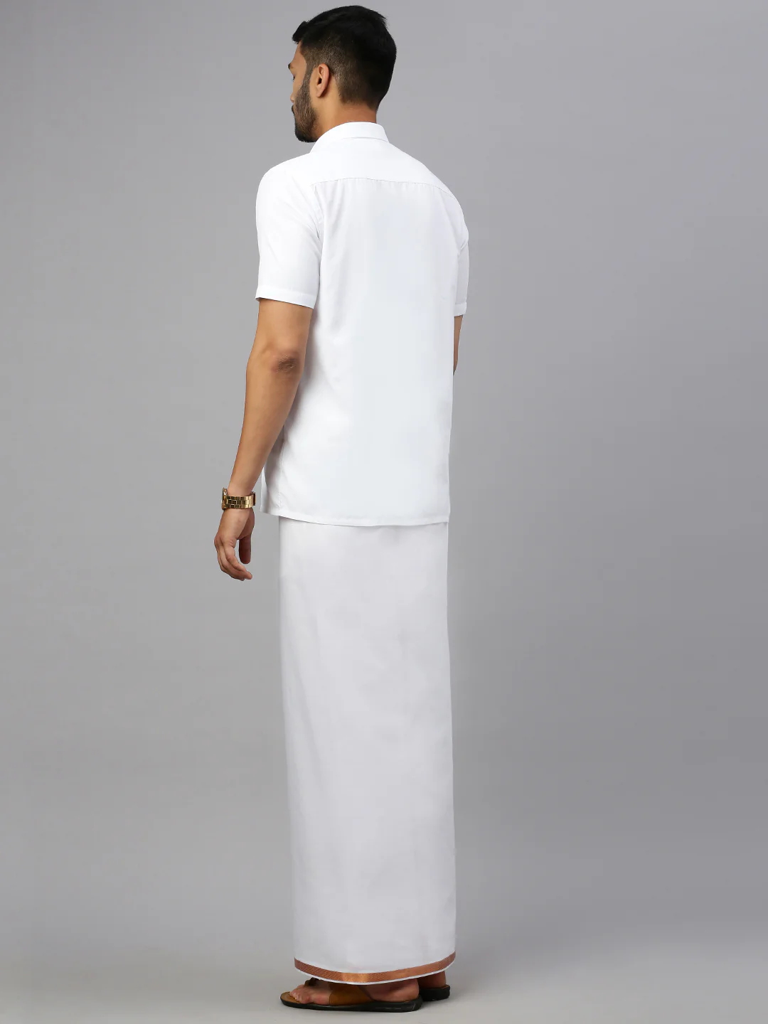 Men Cotton Blend Single Layer White Dhoti with 3/4" Copper Jari Border - Image 4