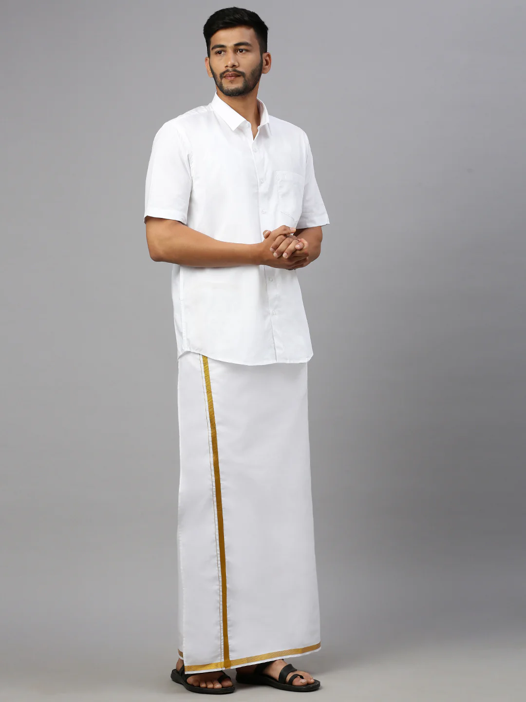 Men Cotton Blend Single Layer White Dhoti with 3/4" Gold jari Border Silver Sun - Image 2