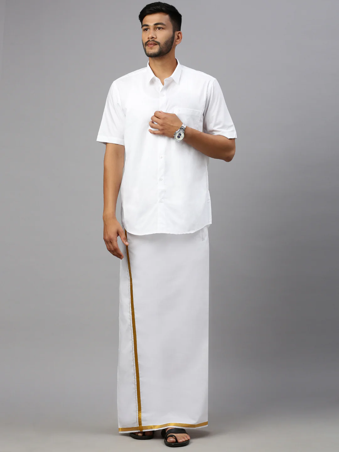 Men Cotton Blend Single Layer White Dhoti with 3/4" Gold jari Border Silver Sun - Image 3