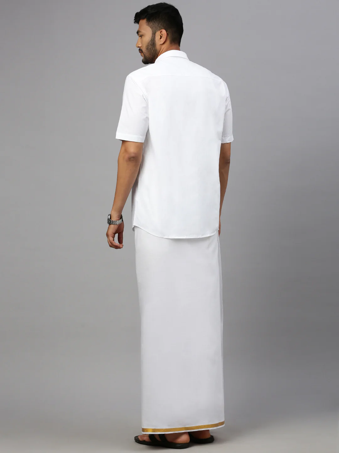 Men Cotton Blend Single Layer White Dhoti with 3/4" Gold jari Border Silver Sun - Image 4