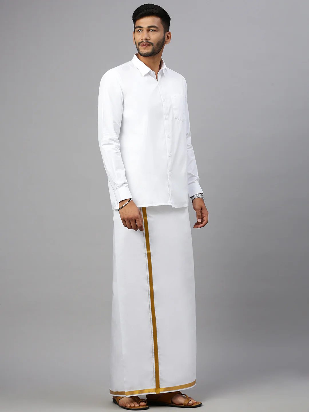Men Cotton Blend Single Layer White Dhoti with 3/4" Jari Border Gold Tree - Image 3