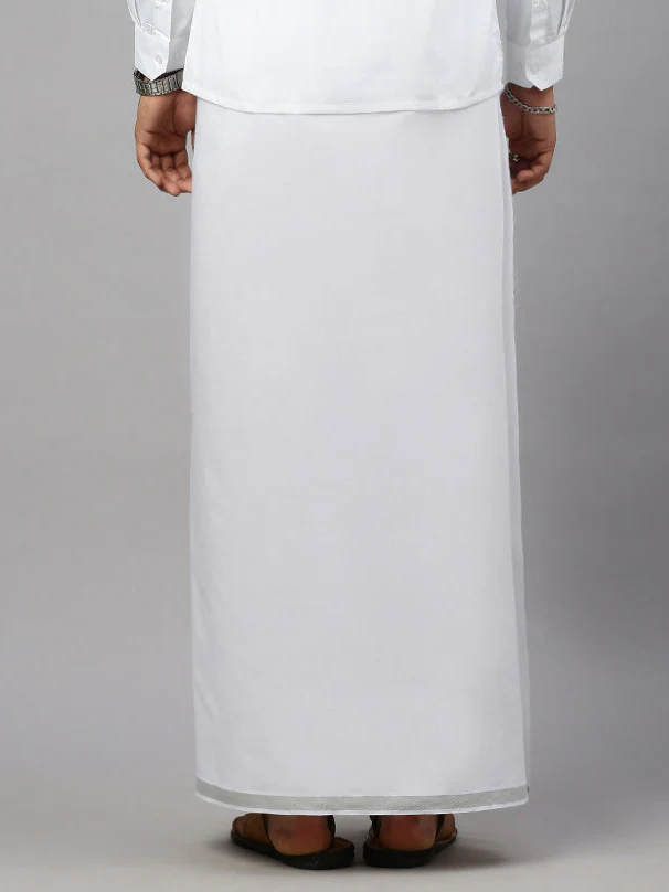 Men Cotton Blend Single Layer White Dhoti with 3/4" Silver Jari Border - Image 4