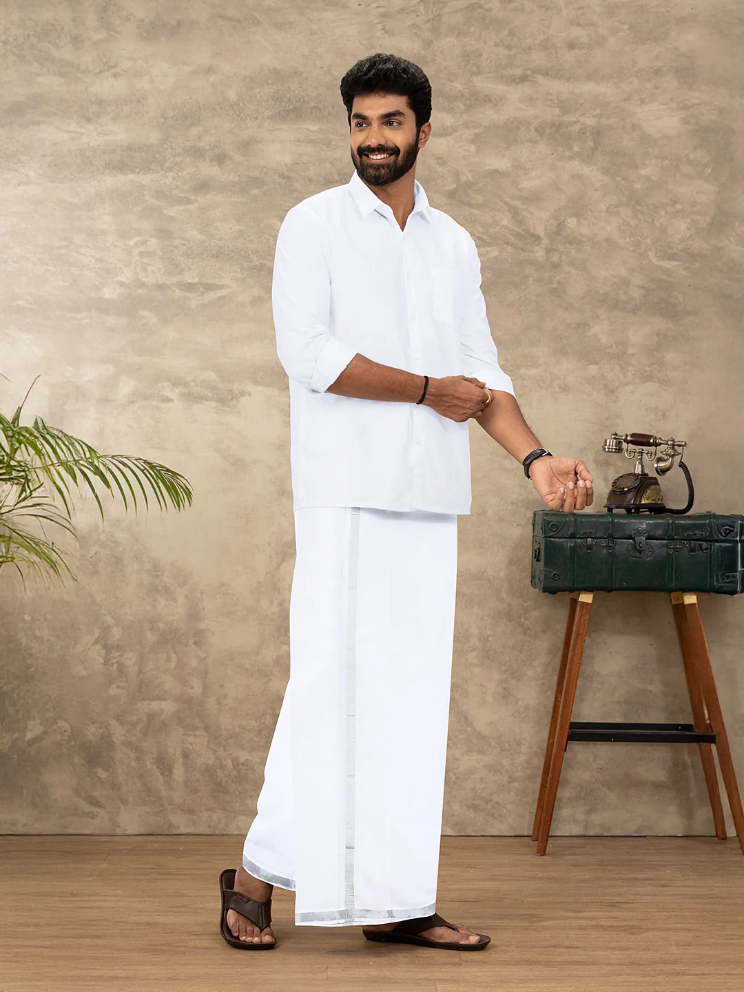 Men Cotton Blend Single Layer White Dhoti with 3/4" Silver Jari Border Jupiter - Image 2