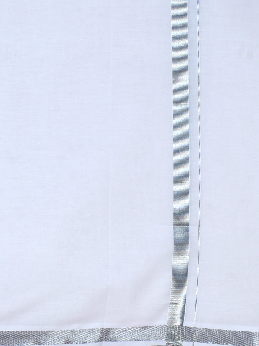 Men Cotton Blend Single Layer White Dhoti with 3/4" Silver Jari Border Jupiter - Image 4