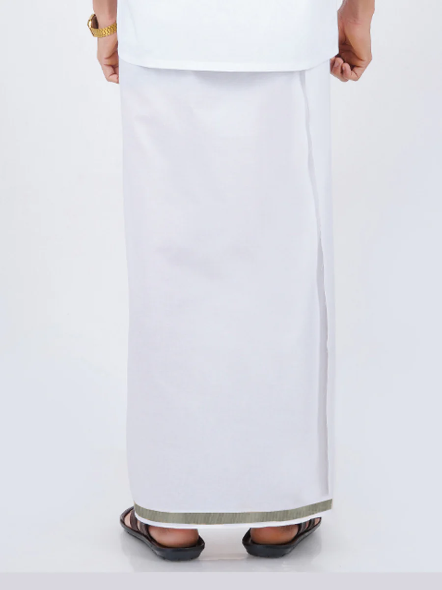Men Cotton Blend Single Layer White Dhoti with 3/4" Silver Jari Border Silvertone - Image 3