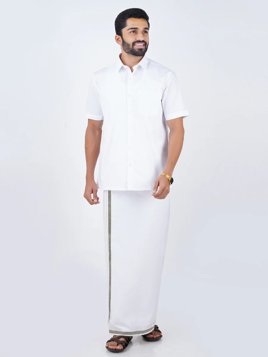 Men Cotton Blend Single Layer White Dhoti with 3/4" Silver Jari Border Silvertone - Image 5