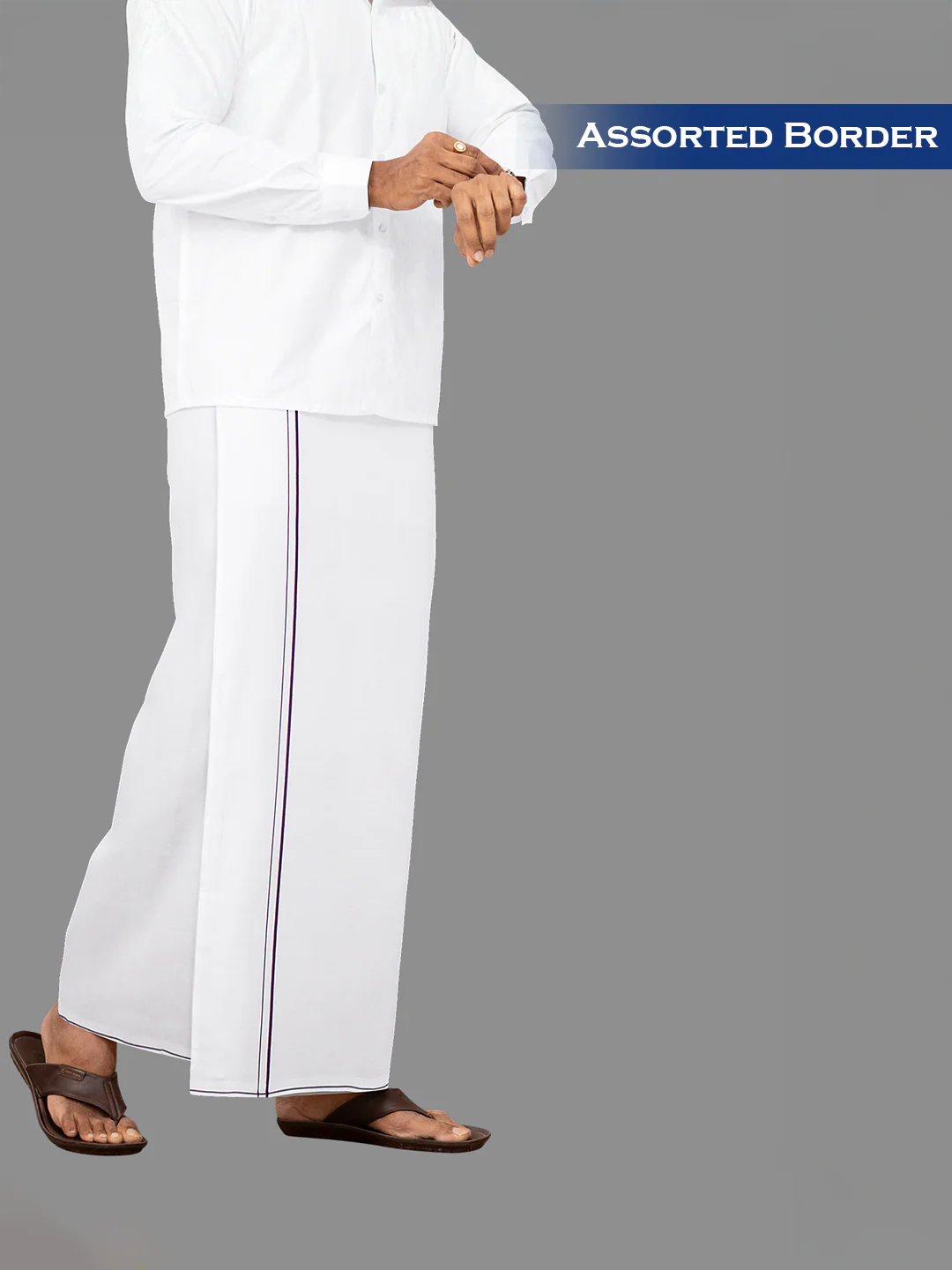 Men Cotton Blend Single Layer White Dhoti with Assorted Border - Image 4
