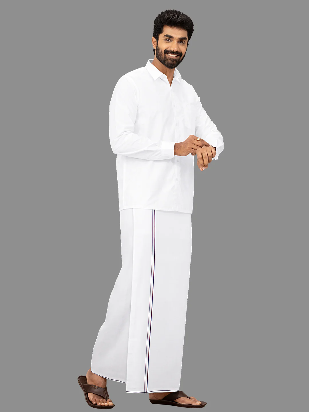 Men Cotton Blend Single Layer White Dhoti with Assorted Border - Image 6