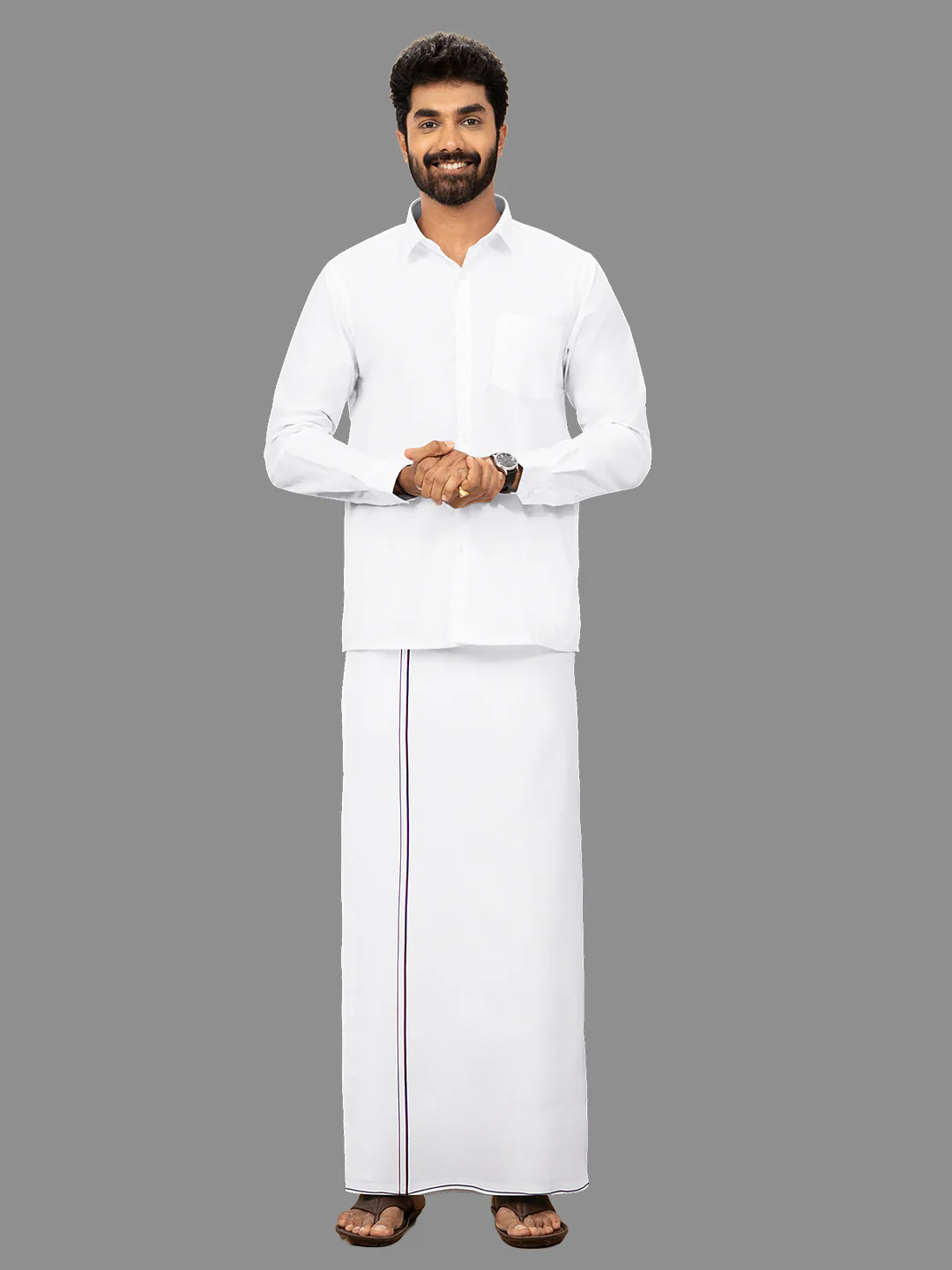 Men Cotton Blend Single Layer White Dhoti with Assorted Border - Image 8