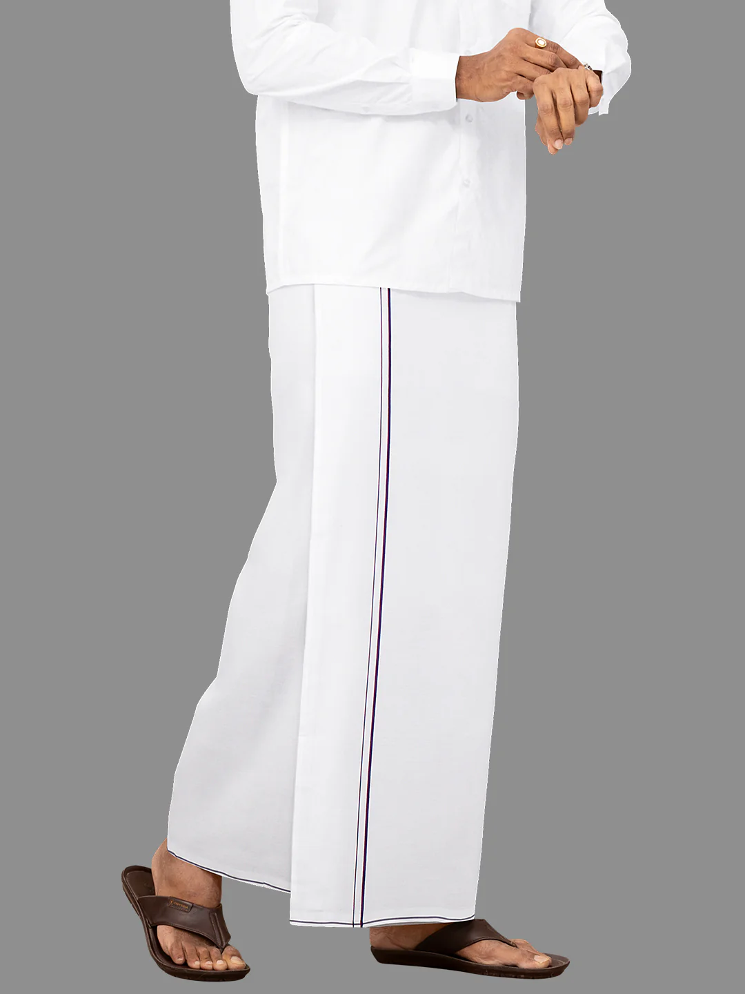 Men Cotton Blend Single Layer White Dhoti with Assorted Border - Image 9