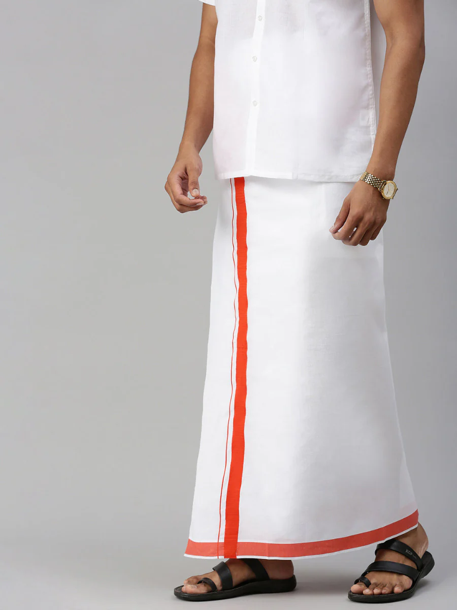 Men Cotton Blend Single Layer White Dhoti with Big Border 04 - Image 2