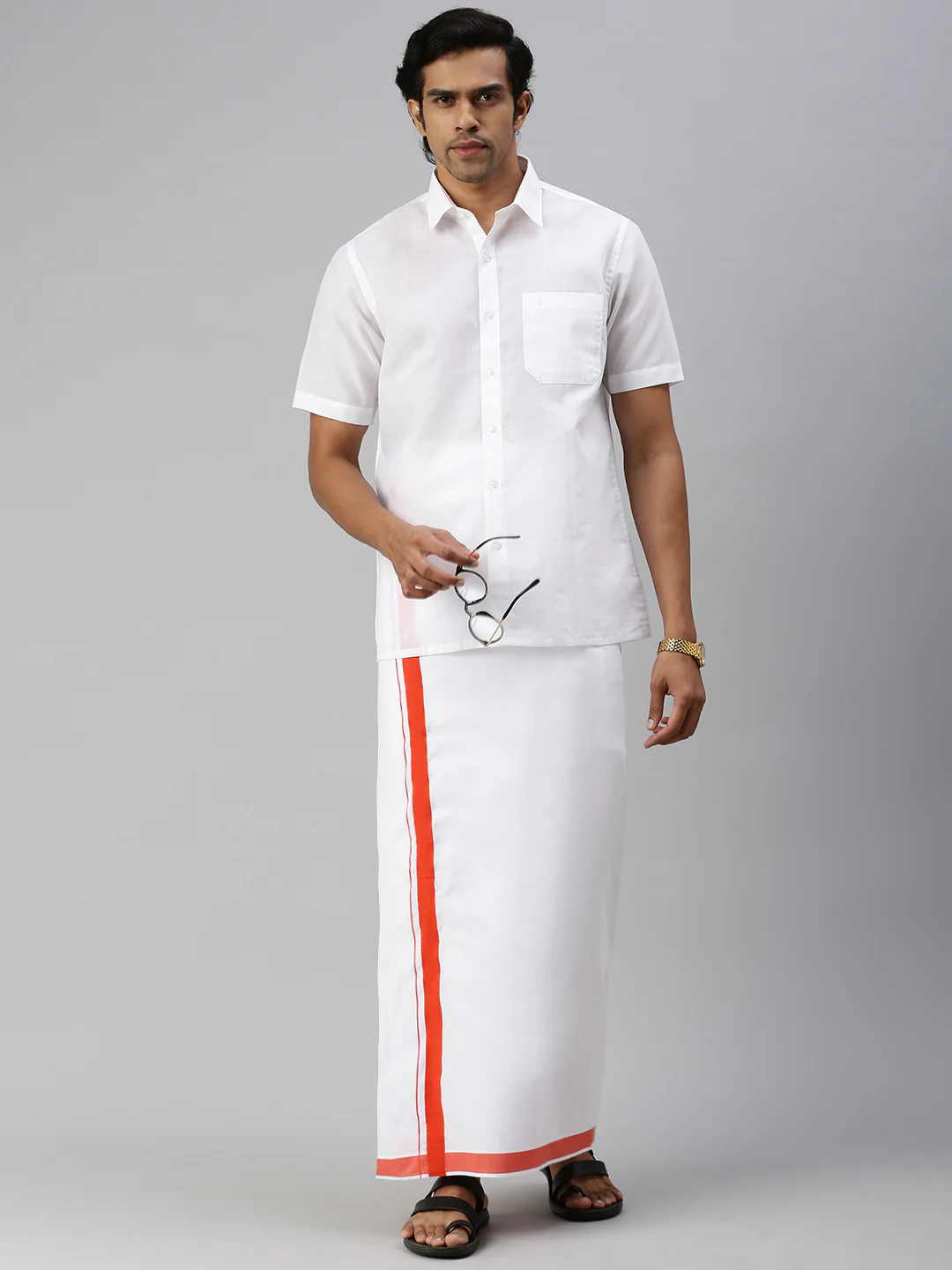 Men Cotton Blend Single Layer White Dhoti with Big Border 04 - Image 4