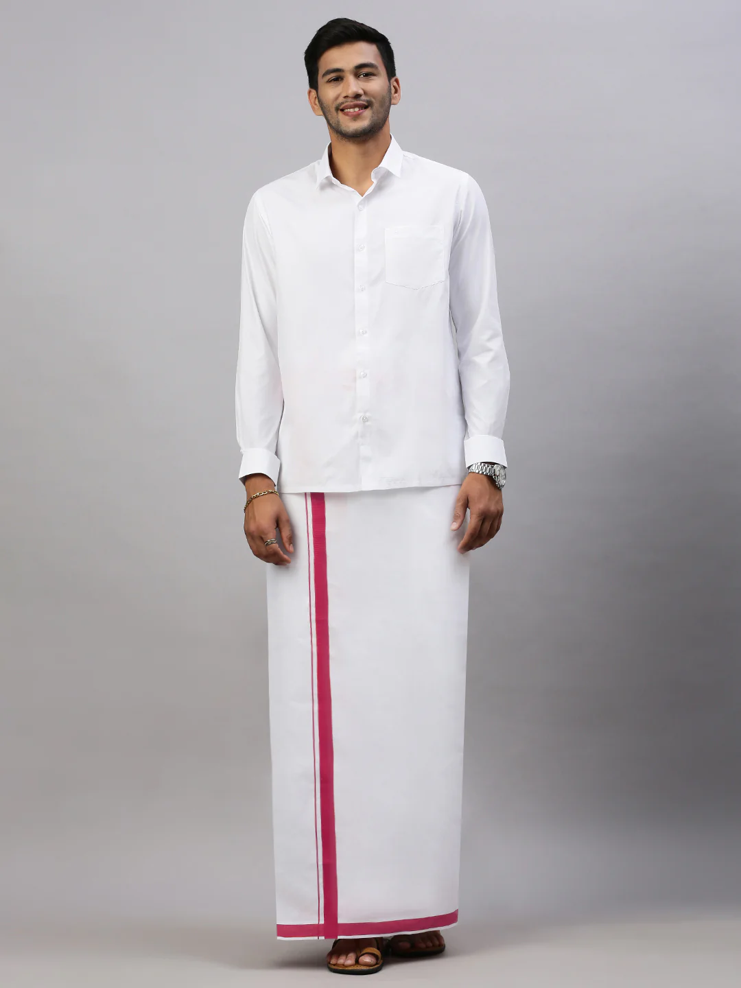 Men Cotton Blend Single Layer White Dhoti with Big Border WS21 - Image 2