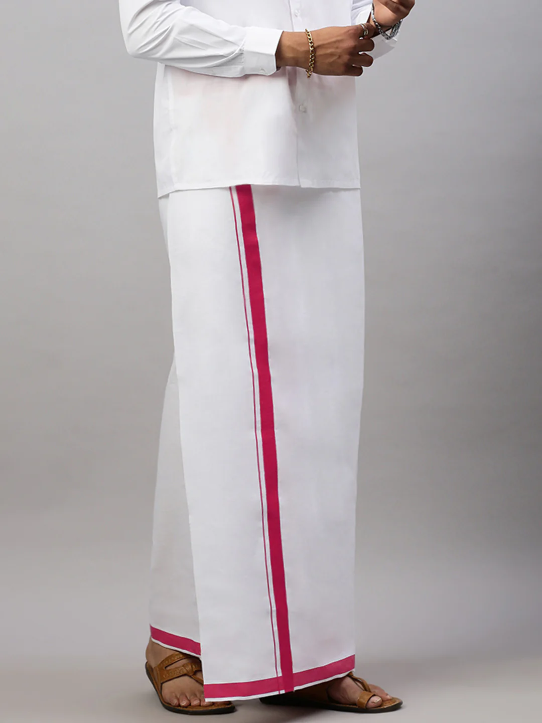 Men Cotton Blend Single Layer White Dhoti with Big Border WS21 - Image 3