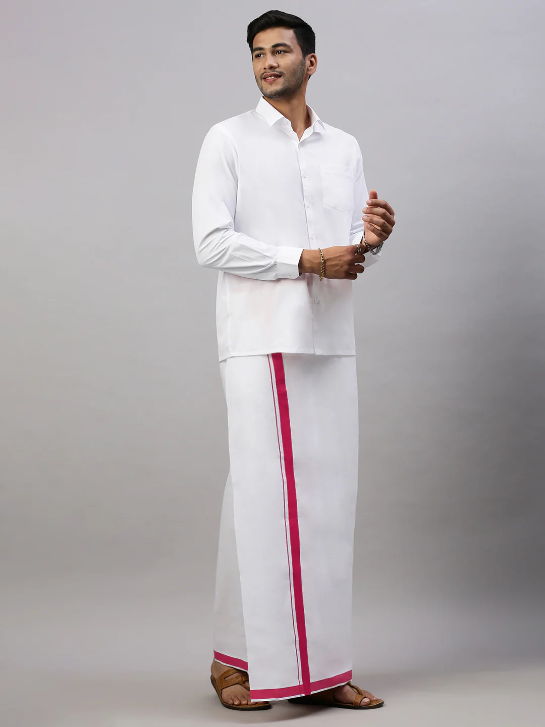 Men Cotton Blend Single Layer White Dhoti with Big Border WS21 - Image 6