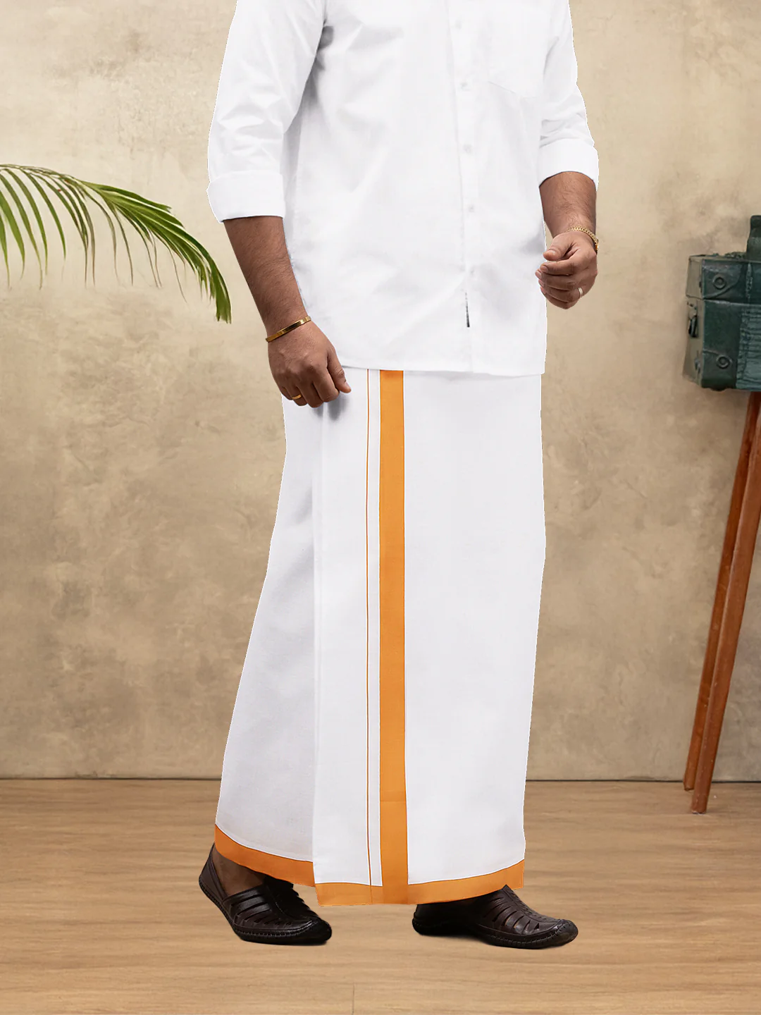 Men Cotton Blend Single Layer White Dhoti with Big Border WS23