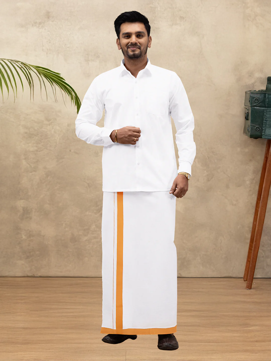 Men Cotton Blend Single Layer White Dhoti with Big Border WS23 - Image 2