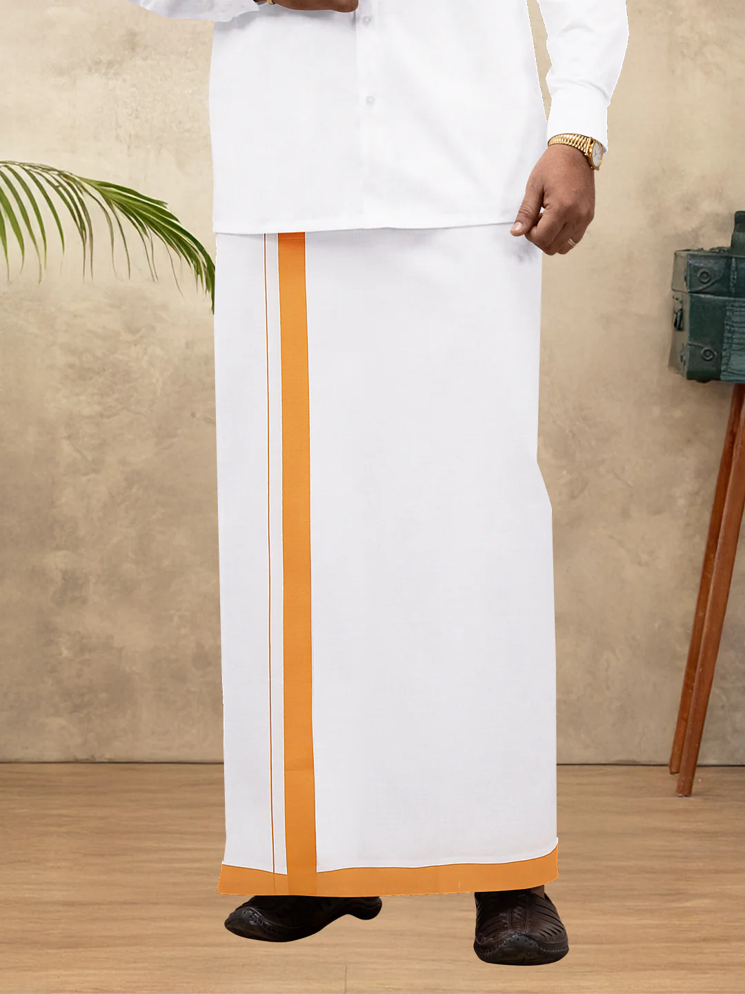 Men Cotton Blend Single Layer White Dhoti with Big Border WS23 - Image 3