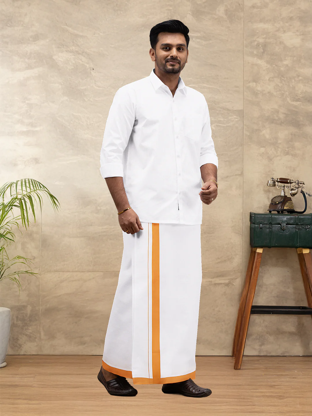 Men Cotton Blend Single Layer White Dhoti with Big Border WS23 - Image 5