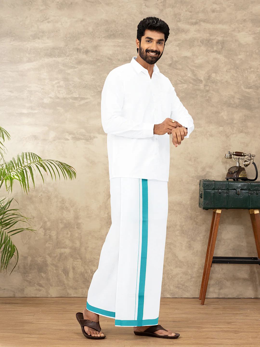 Men Cotton Blend Single Layer White Dhoti with Big Border WS24 - Image 2