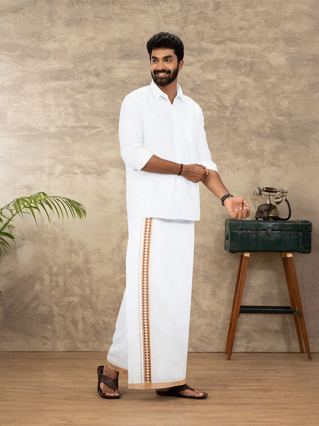 Men Cotton Blend Single Layer White Dhoti with Double Side Fancy Border HM 10 - Image 2