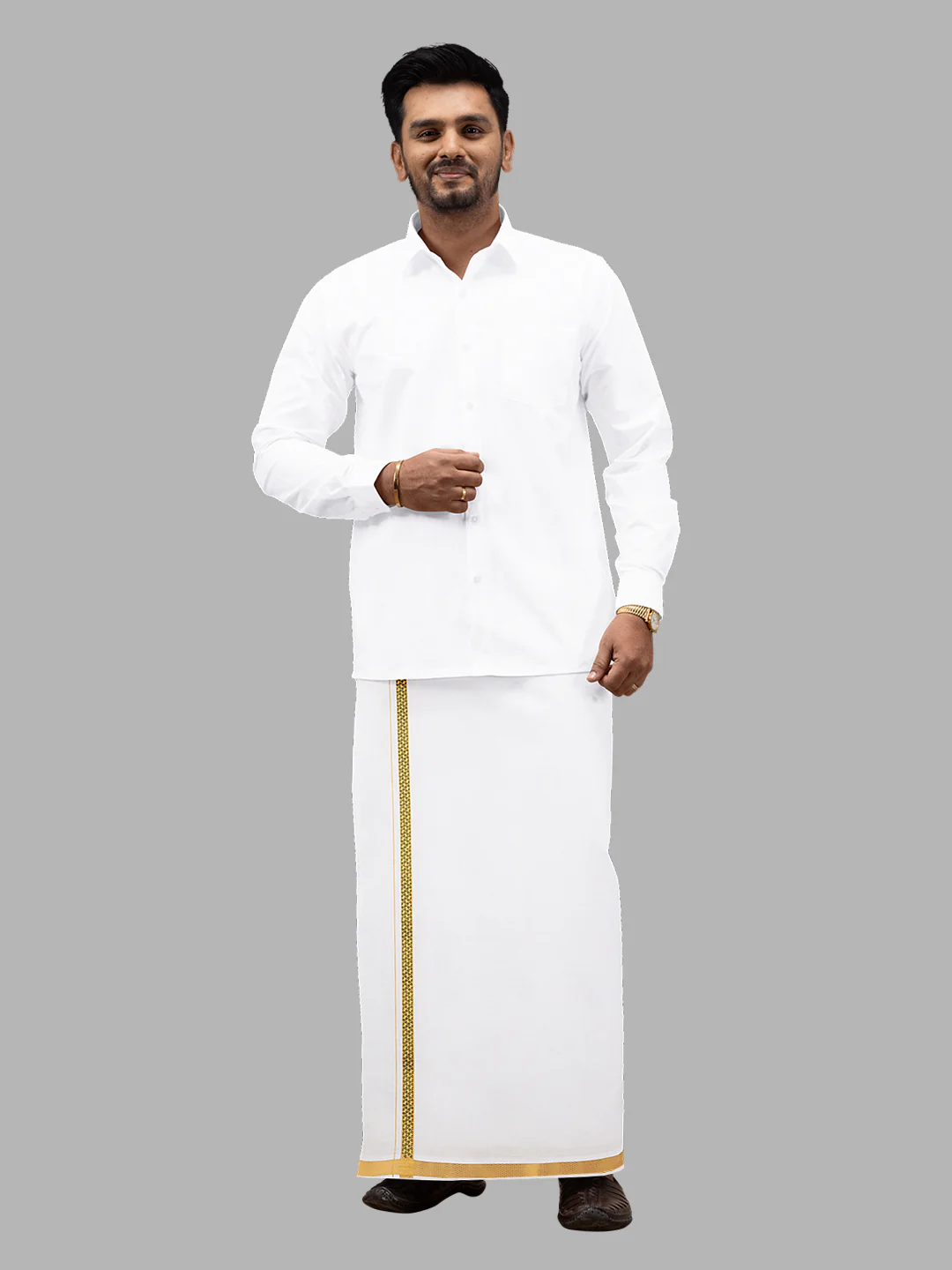 Men Cotton Blend Single Layer White Dhoti with Double Side Fancy Jari Border GP03 - Image 2
