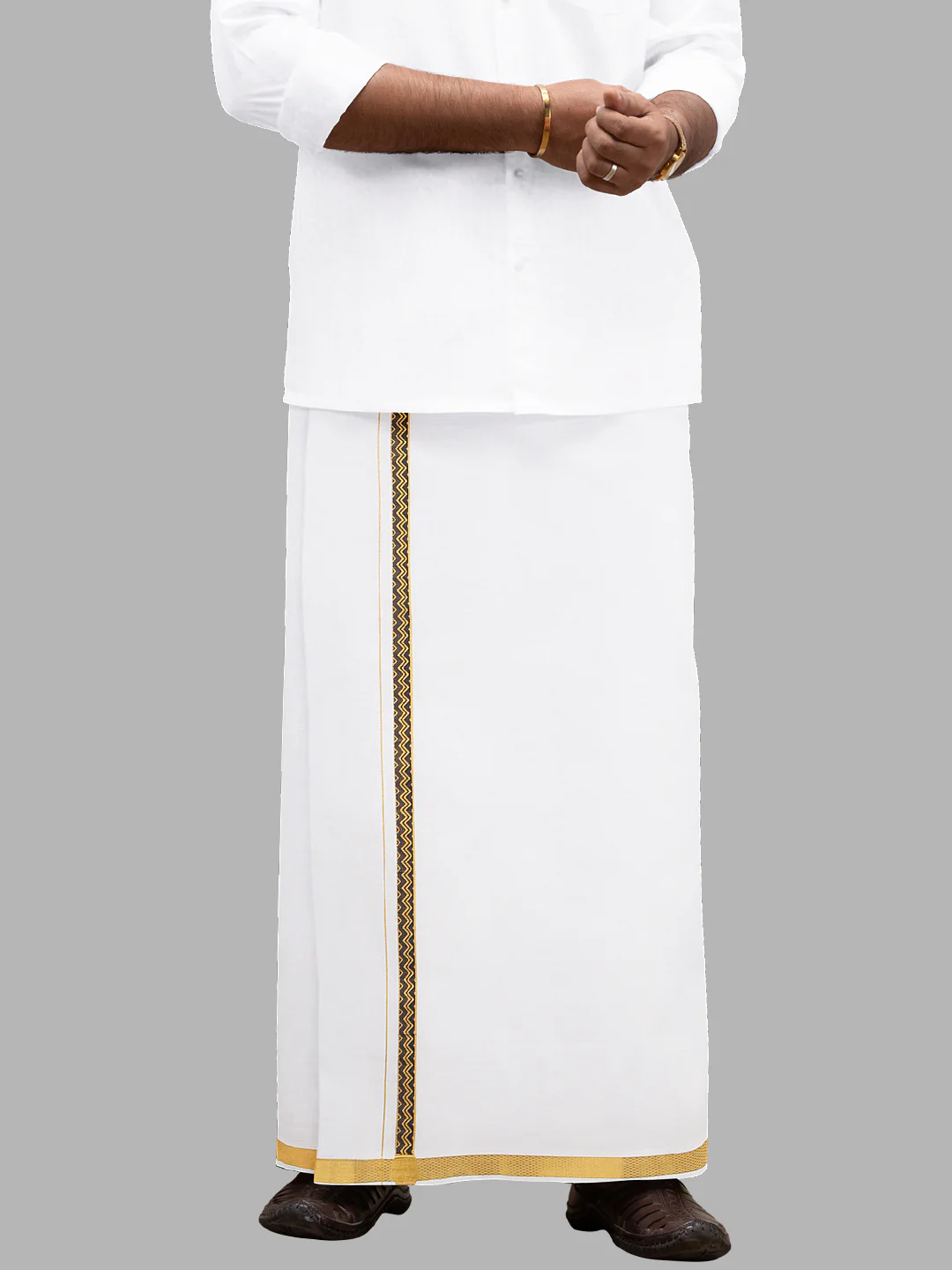 Men Cotton Blend Single Layer White Dhoti with Double Side Fancy Jari Border GP04