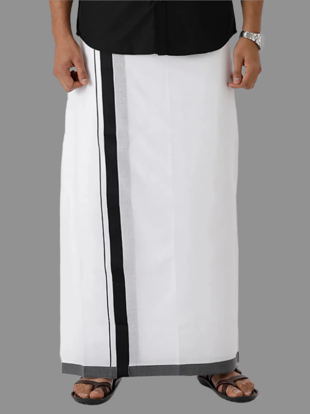 Men Cotton Blend Double Layer White Dhoti with Big Border RS01