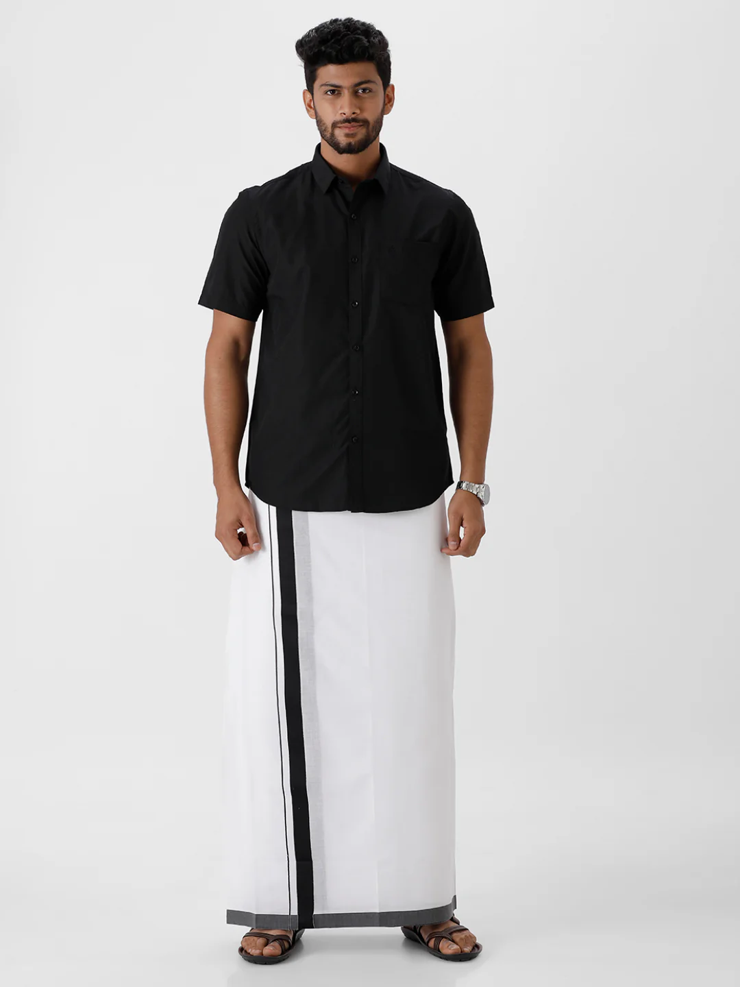 Men Cotton Blend Double Layer White Dhoti with Big Border RS01 - Image 5