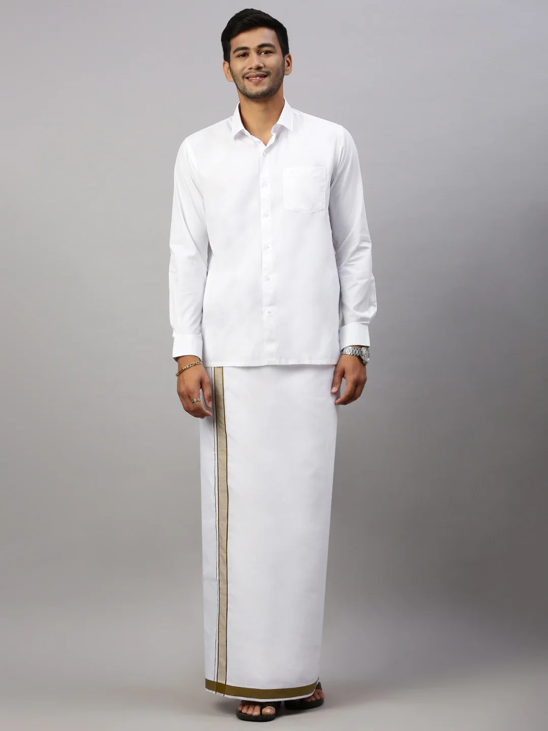 Men Cotton Blend Single Layer White Dhoti with Fancy Border WP21 - Image 2