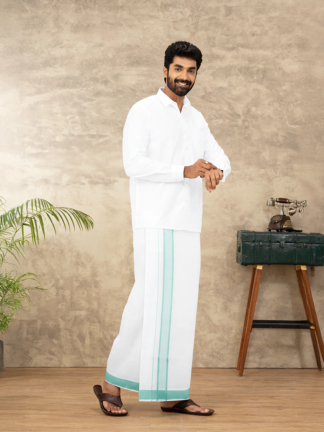 Men Cotton Blend Single Layer White Dhoti with Fancy Border WP24 - Image 2