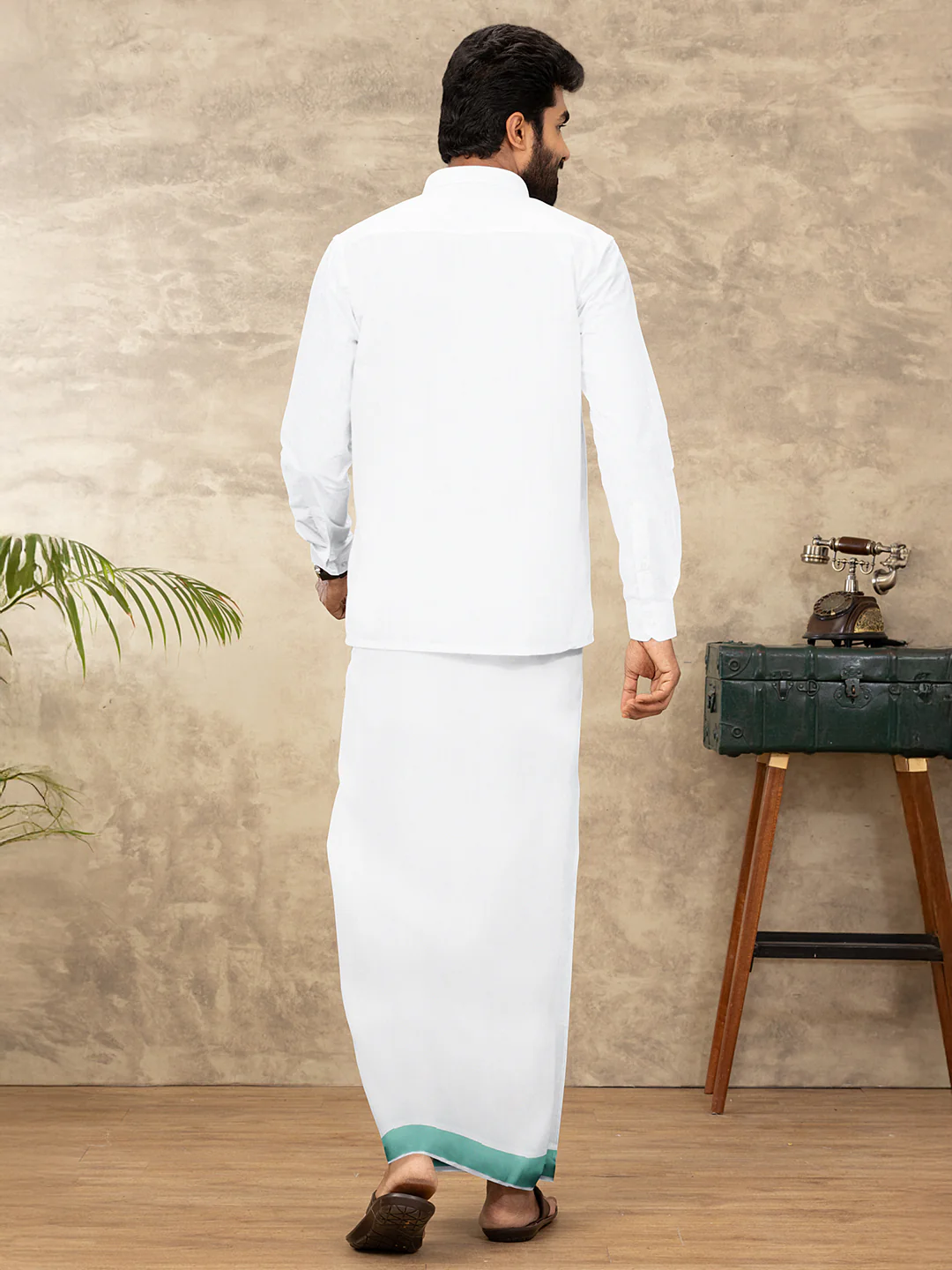 Men Cotton Blend Single Layer White Dhoti with Fancy Border WP24 - Image 5