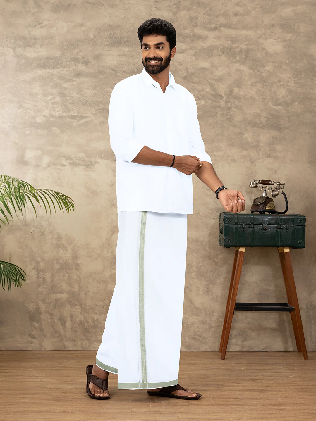 Men Cotton Blend Single Layer White Dhoti with Fancy Jari Border HSF09 - Image 2