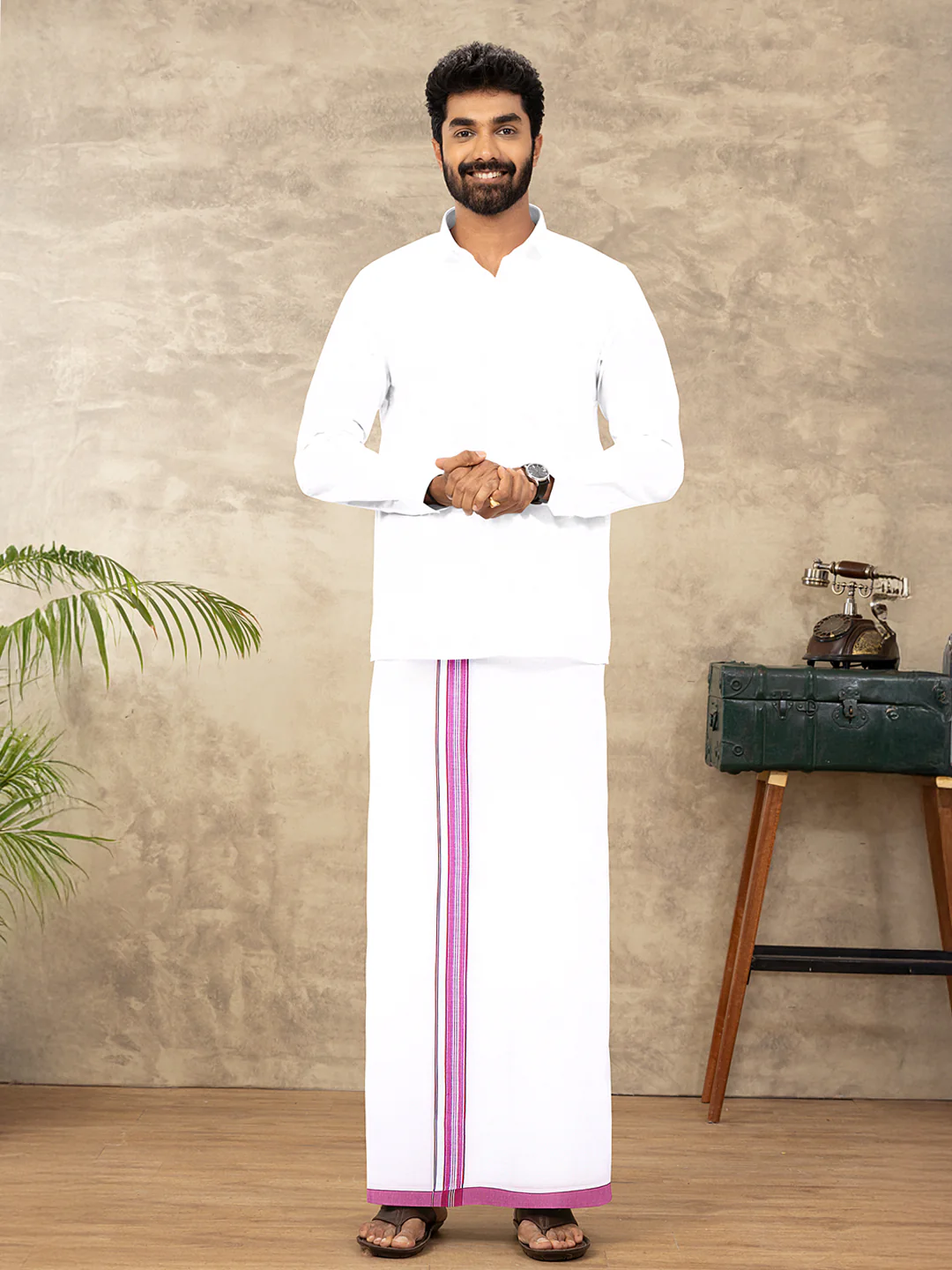 Men Cotton Blend Single Layer White Dhoti with Fancy Jari Border HSF03 - Image 2