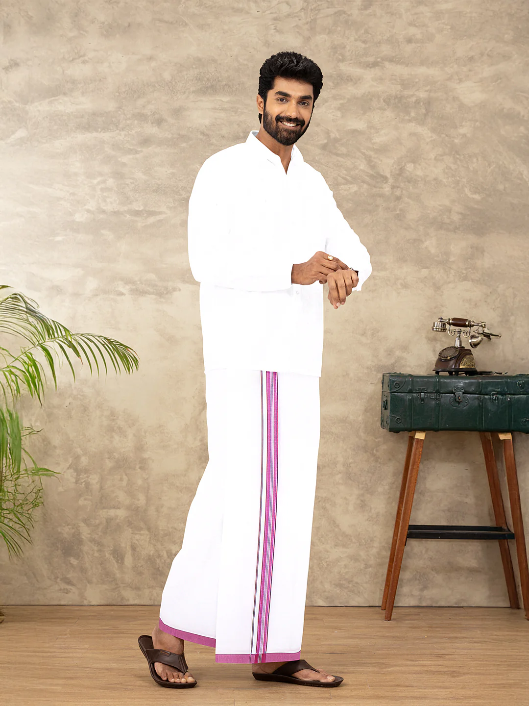 Men Cotton Blend Single Layer White Dhoti with Fancy Jari Border HSF03 - Image 4