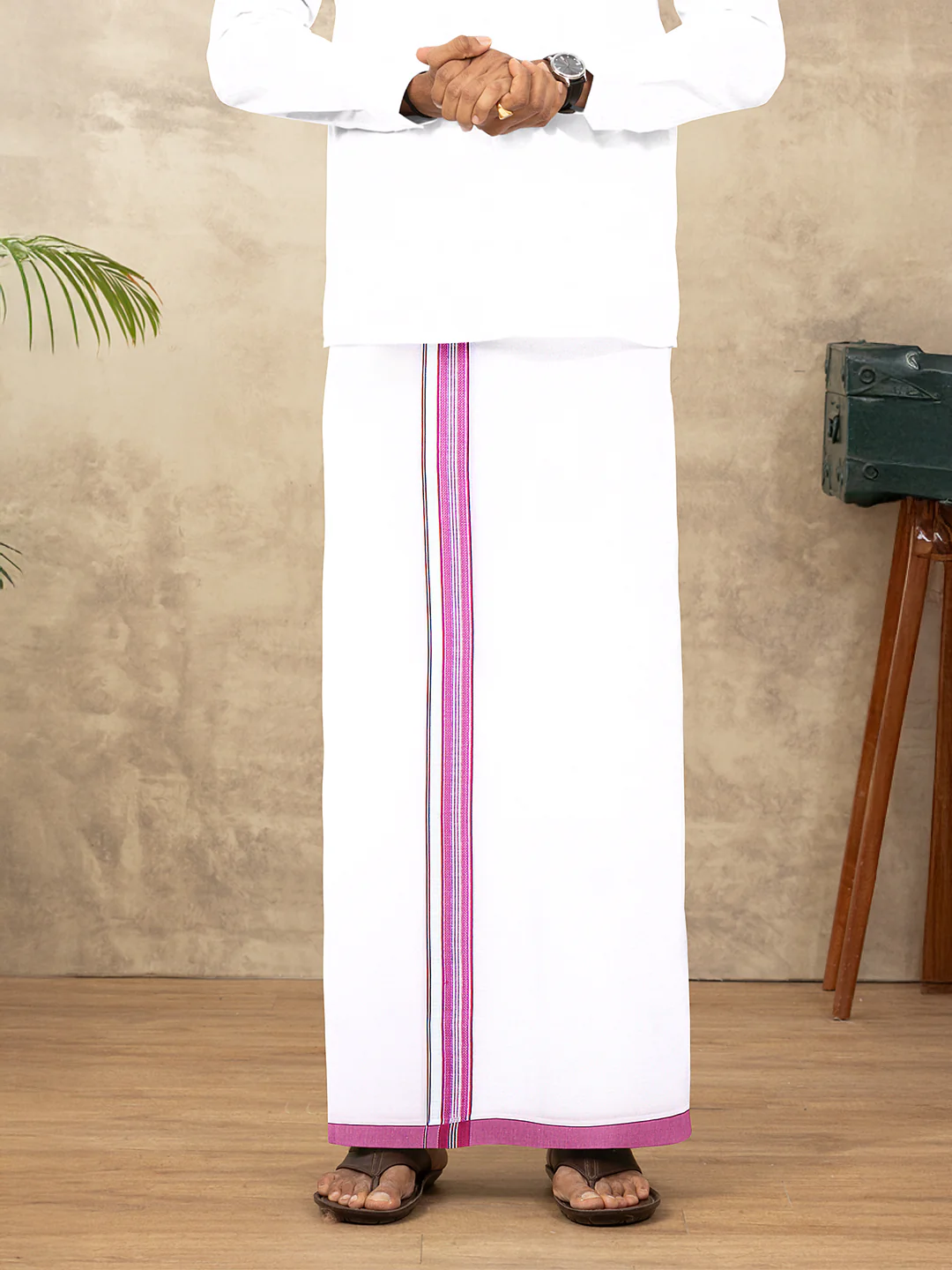 Men Cotton Blend Single Layer White Dhoti with Fancy Jari Border HSF03 - Image 5