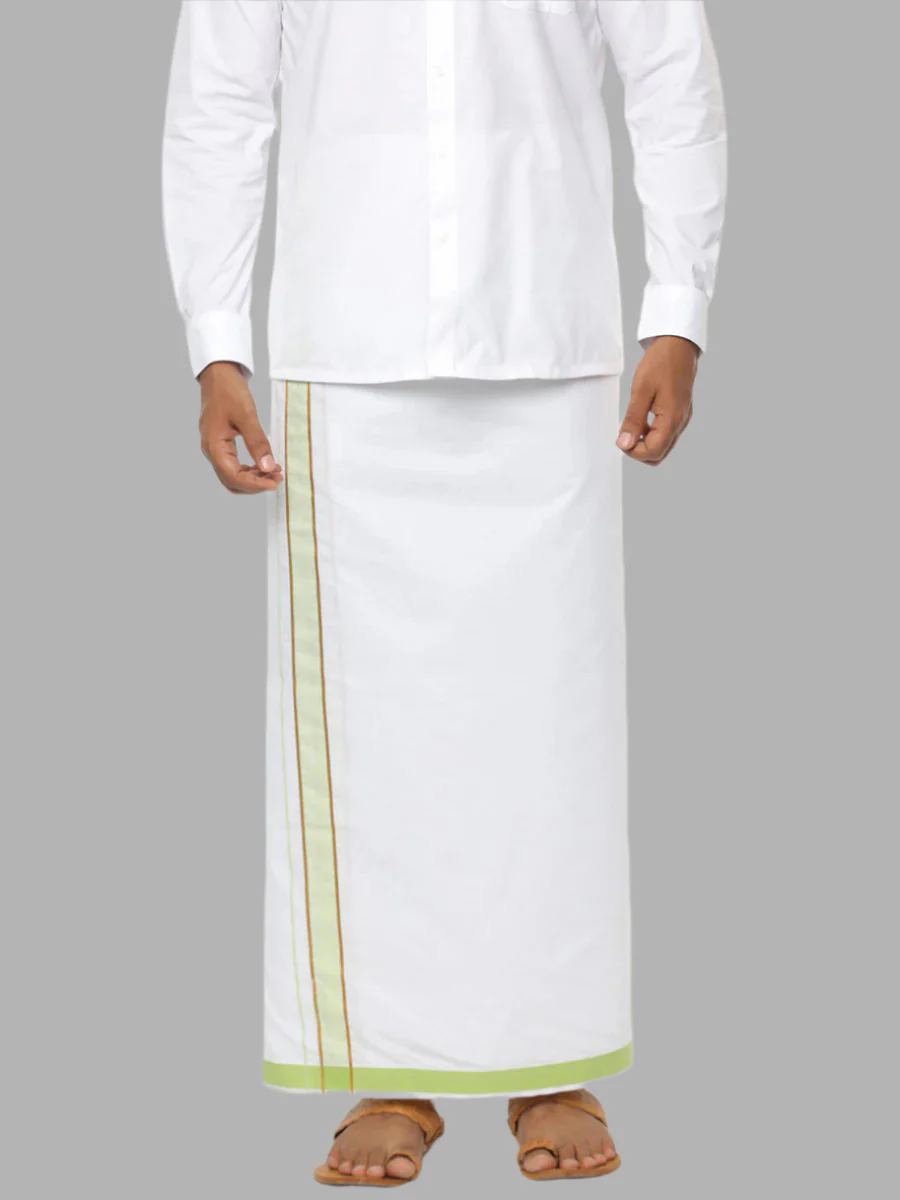 Men Cotton Blend Single Layer White Dhoti with Fancy Jari Border