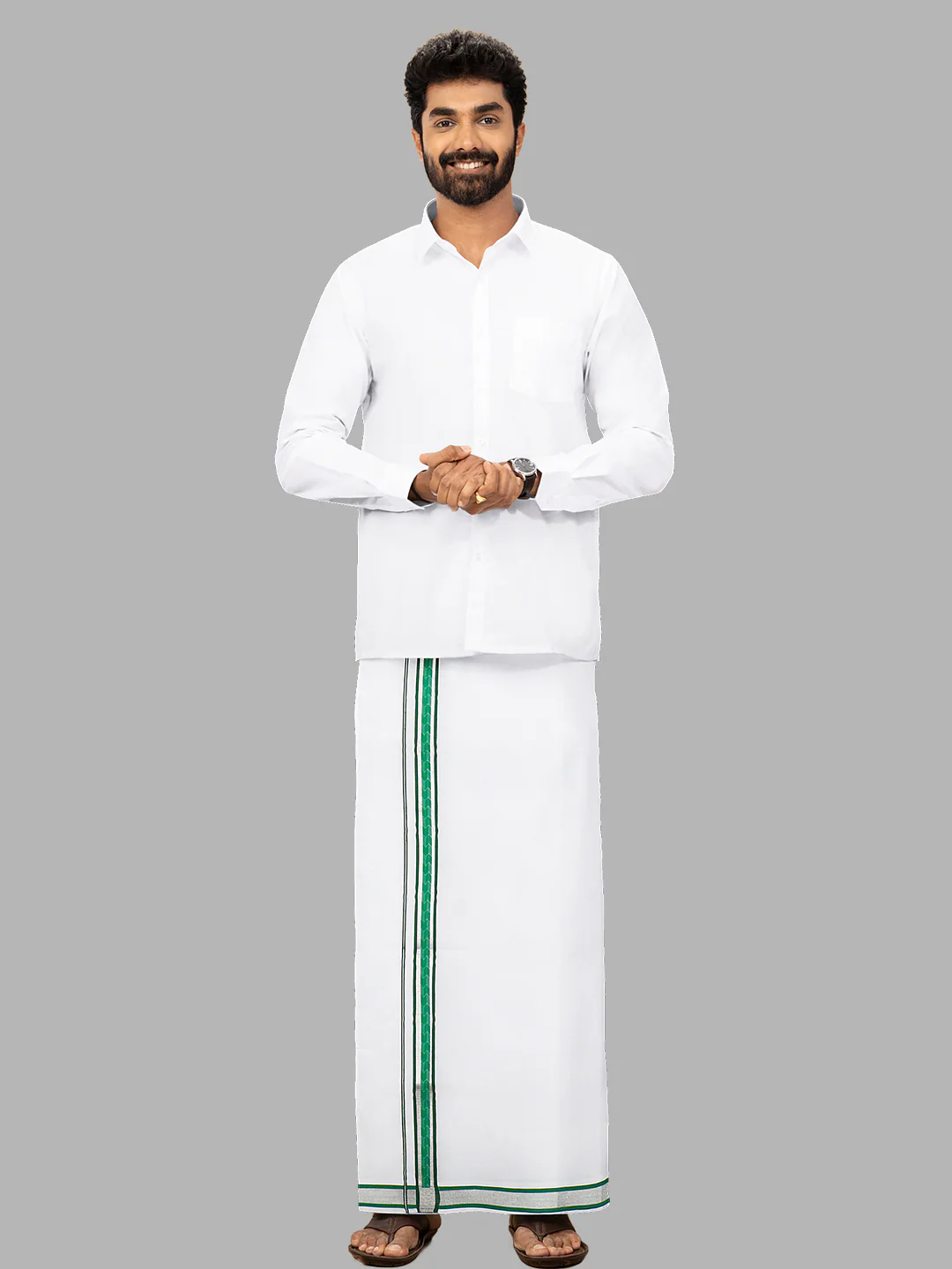 Men Cotton Blend Single Layer White Dhoti with Fancy Jari Border LW01 - Image 2