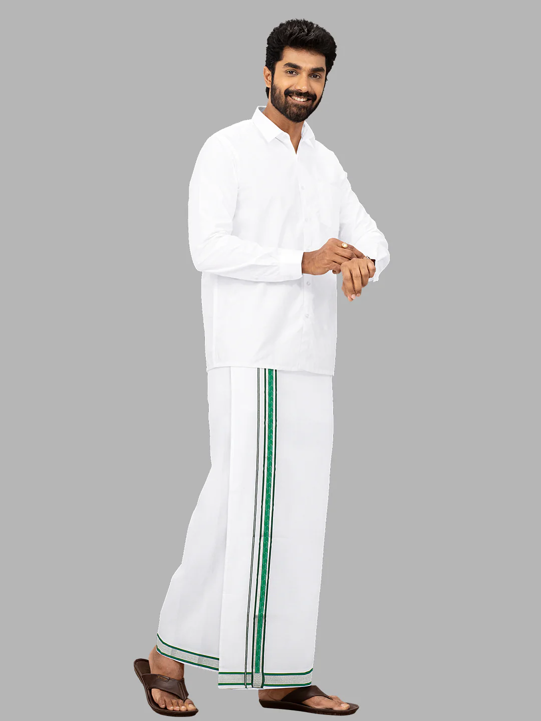 Men Cotton Blend Single Layer White Dhoti with Fancy Jari Border LW01 - Image 3