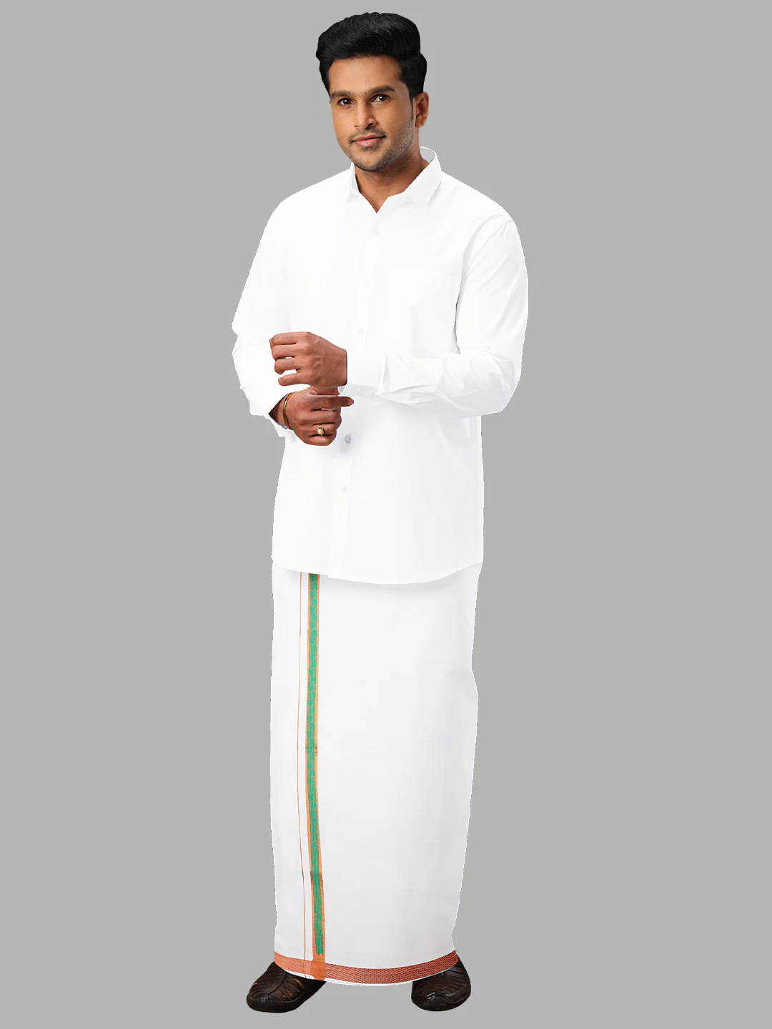 Men Cotton Blend Single Layer White Dhoti with Fancy Jari Border Roxy R02 - Image 4