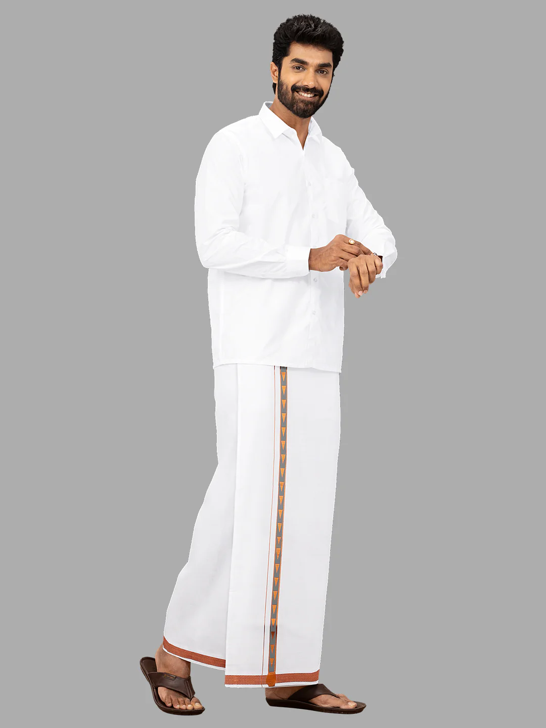 Men Cotton Blend Single Layer White Dhoti with Fancy Jari Border Roxy R07 - Image 2